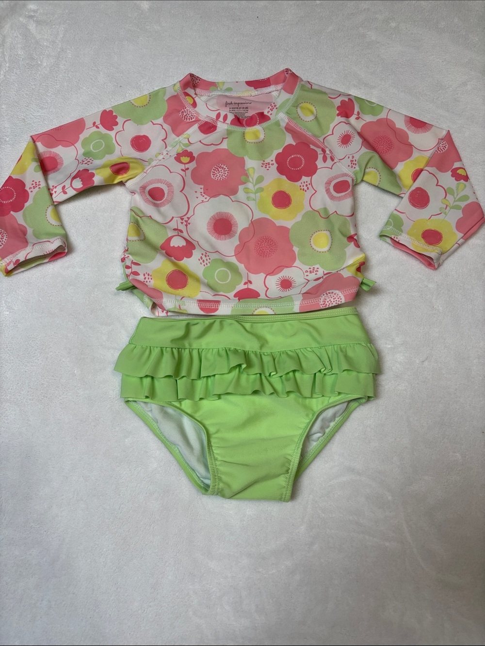 First Impressions Pink & Lime Green Floral Long-Sleeve Rashguard Swim Set